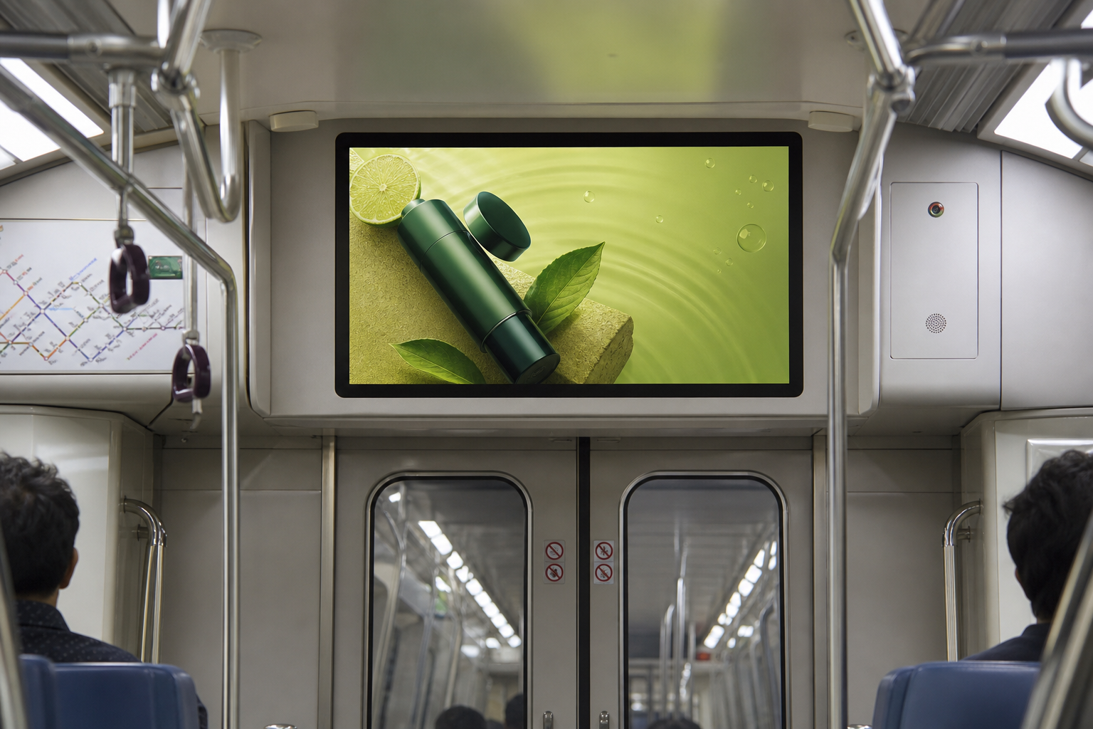 Digital video advertisement displayed above the doors inside a metro train