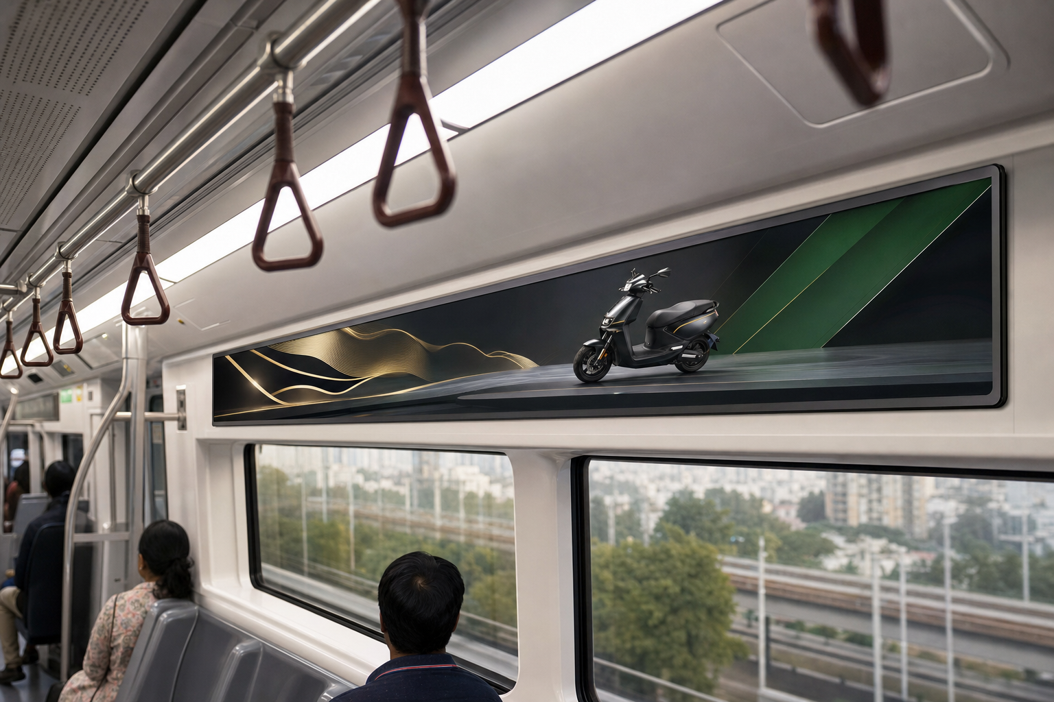 Wide digital video advertising panel displayed above metro train windows