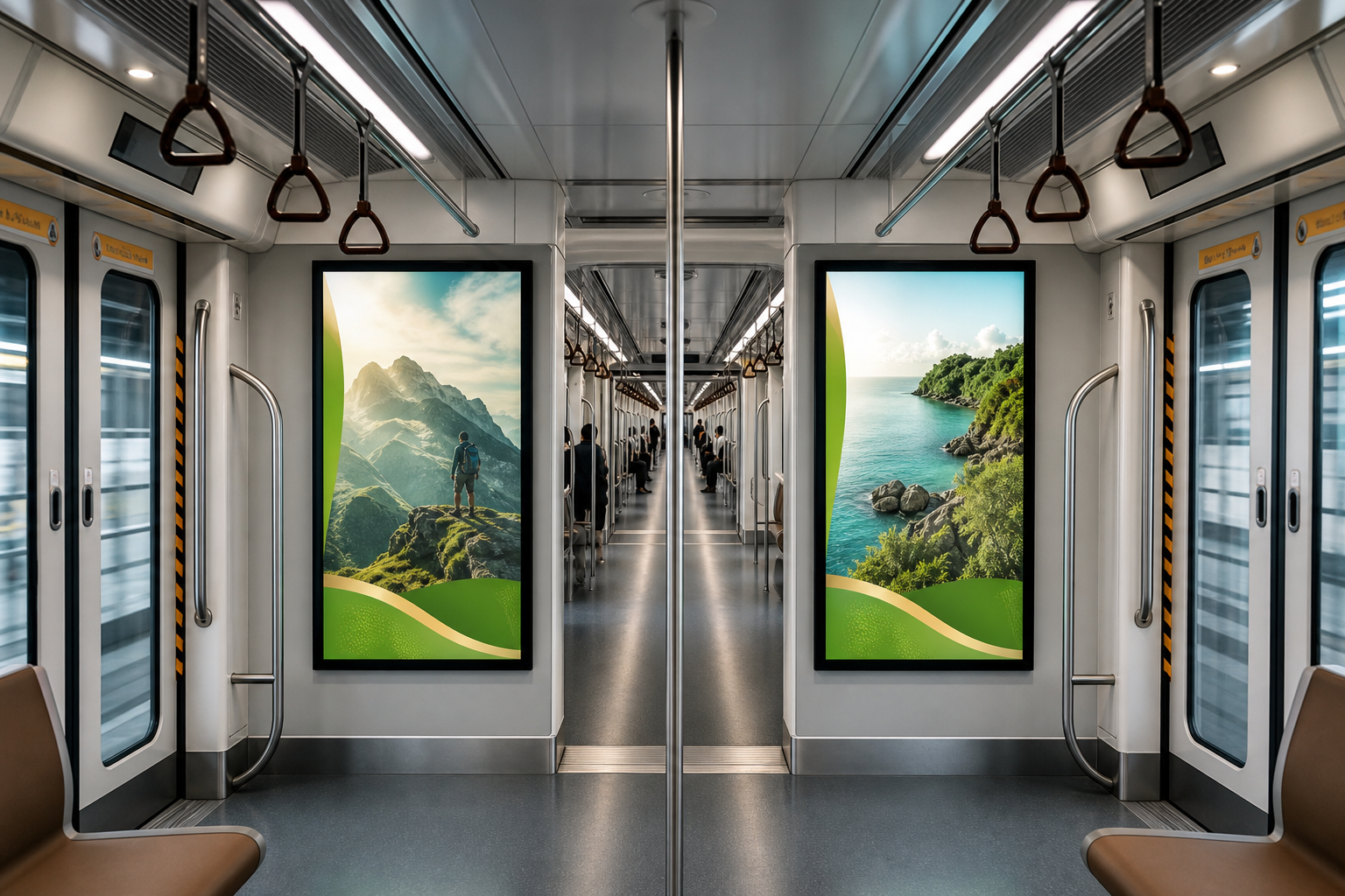 Coordinated digital advertising screens displayed at the end of a metro carriage