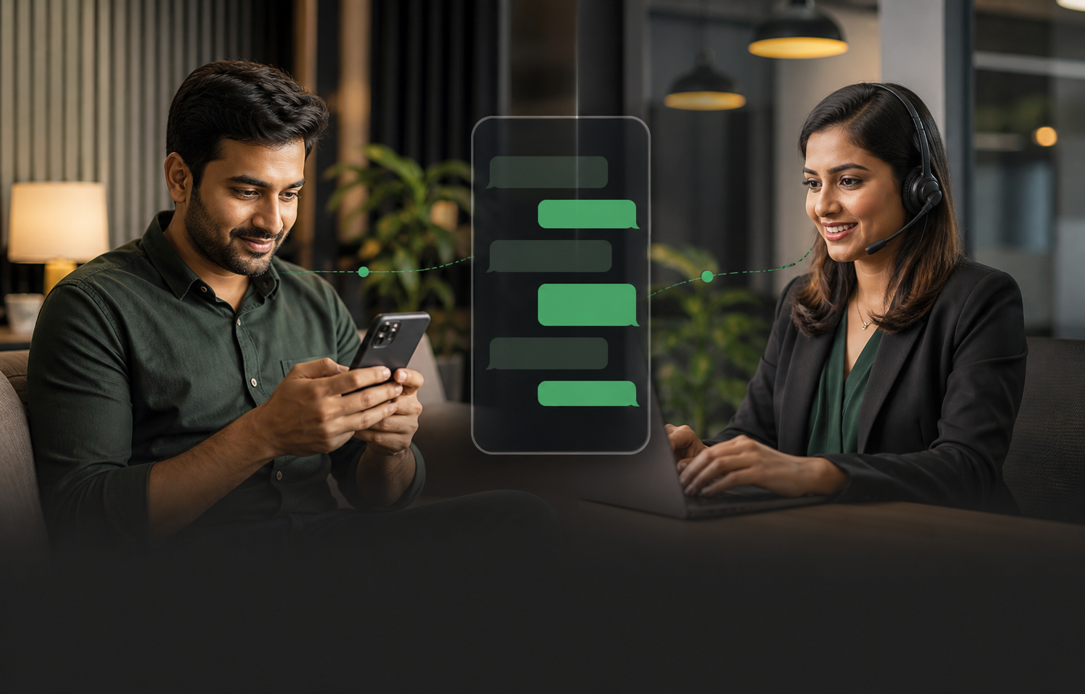 Customer and service specialist continuing one connected mobile conversation