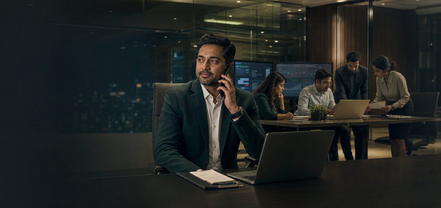 Indian business operations leader handling a customer conversation while his specialist team coordinates the next action