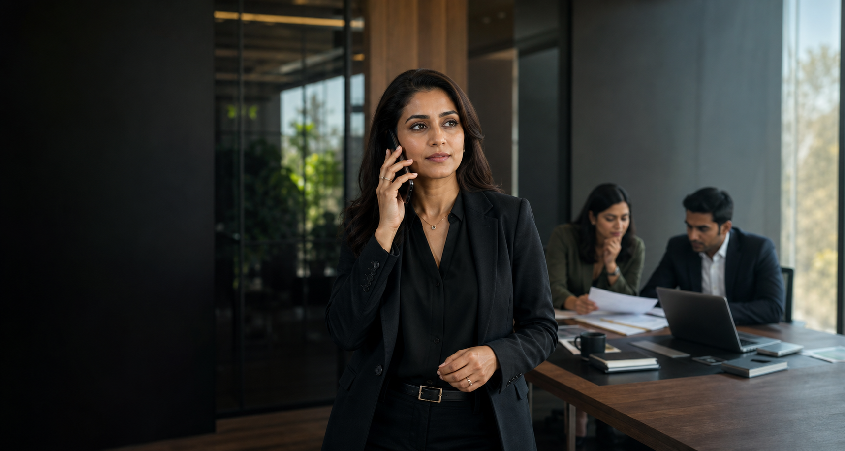 Indian business leader handling a customer conversation while her operations team prepares the next action