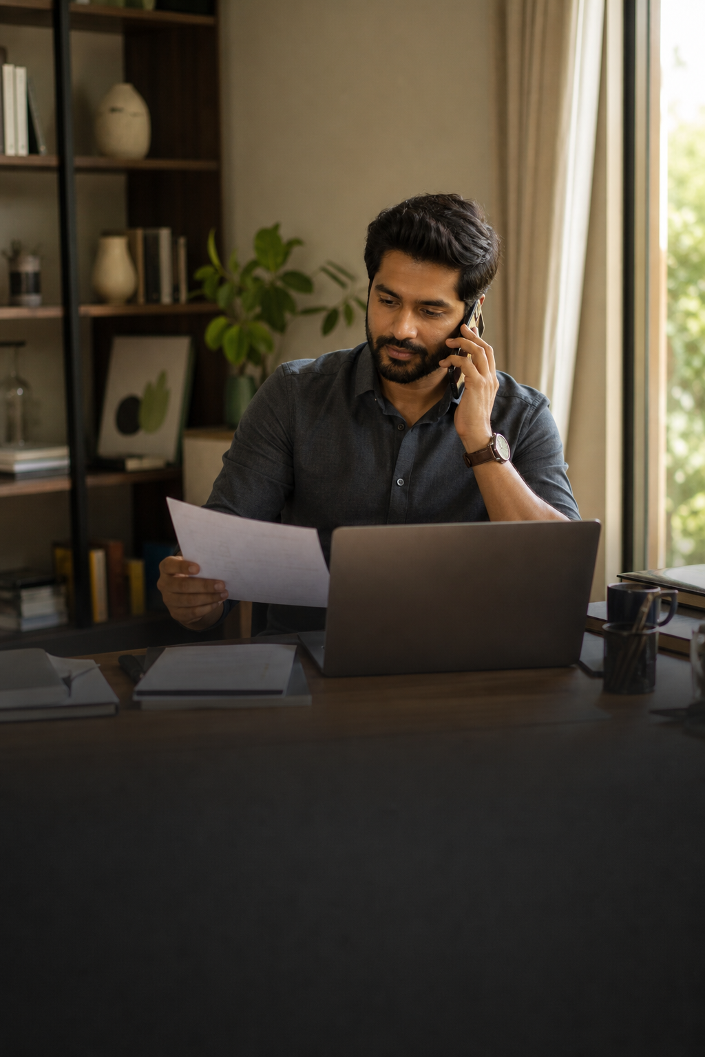 Business professional discussing a payment reminder by phone