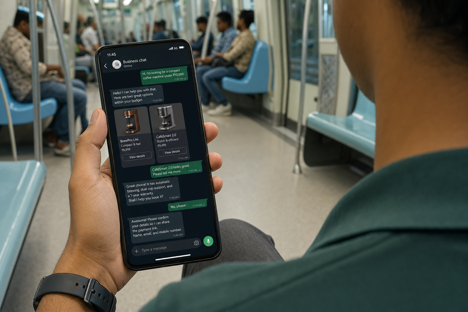Metro commuter using an automated business chat to compare products and submit a lead